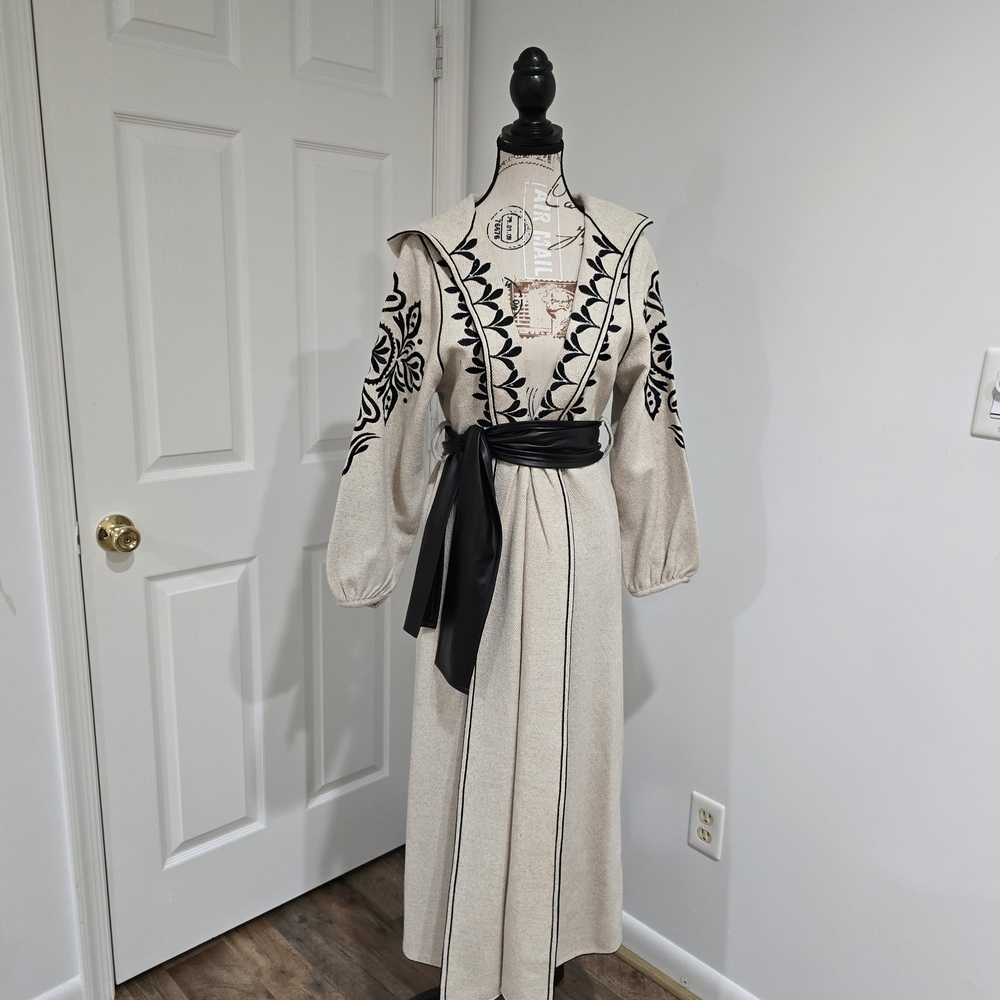 Chic Beige and Black Embroidered Long Sleeve Open Dress